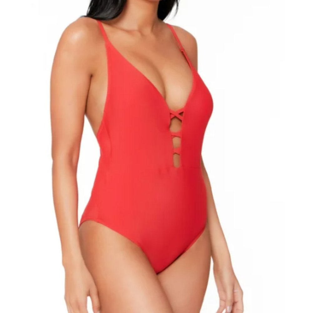 Jessica Simpson Lace Up Plunge One Piece Swimsuit Large Flame